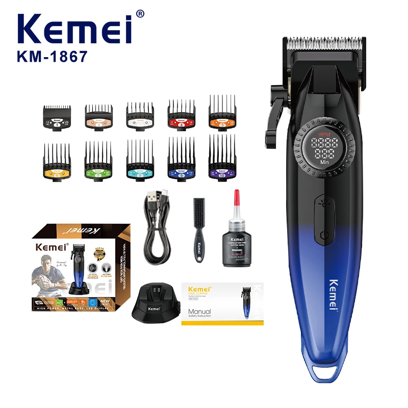 Kemei Km-1867 Tondeuse à cheveux sans fil, 2500 mAh, 9000 tr/min, finition dégradée, 10 embouts interchangeables, lame en acier inoxydable, réglage précis de l’écart entre les lames