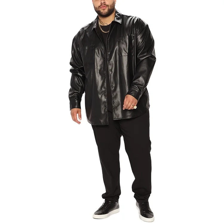 Black Custom Oversized Shacket Pockets Plus Size Leather Jacket Man_voghion.com