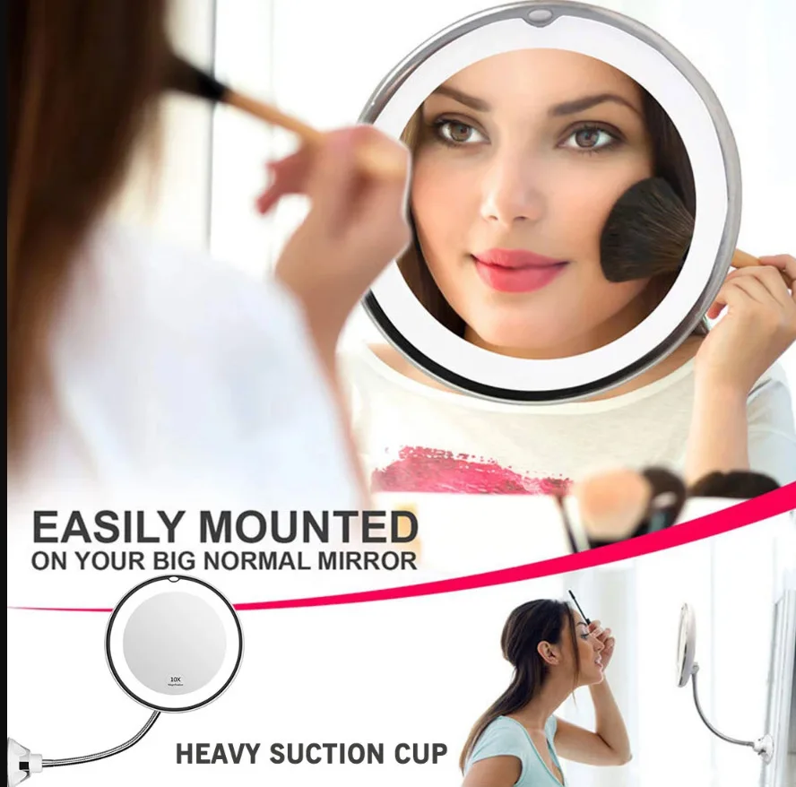 Plastic round flexible gooseneck magnifying Wall mounted make up shaving led bathroom mirror with LED light