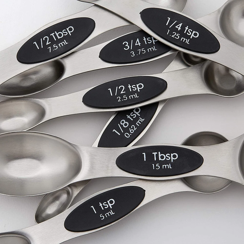Magnetic Metal Measuring Spoons Set Stainless Steel Etched Stackable Teaspoons  Tablespoons Dual Sided Measure Spoon set of 8 for Measuring Dry and Liquid  Ingredients (Black) 