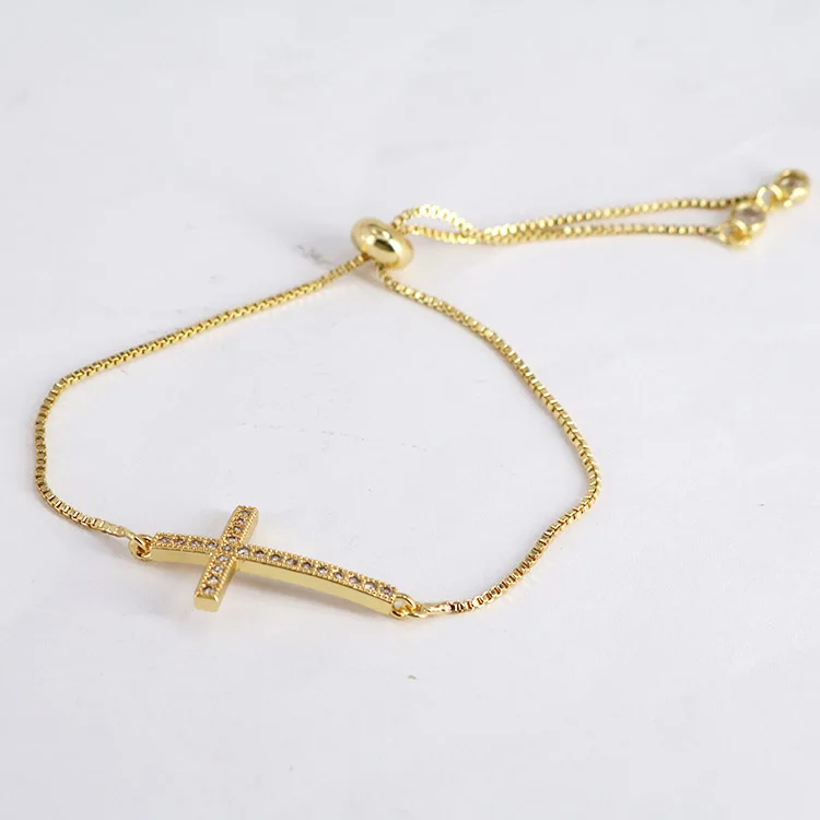 BC1269 Fashion  Adjustable Gold Plated Brass CZ Micro Pave Tiny rainbow Cross Wrist Chain Women  Bracelet