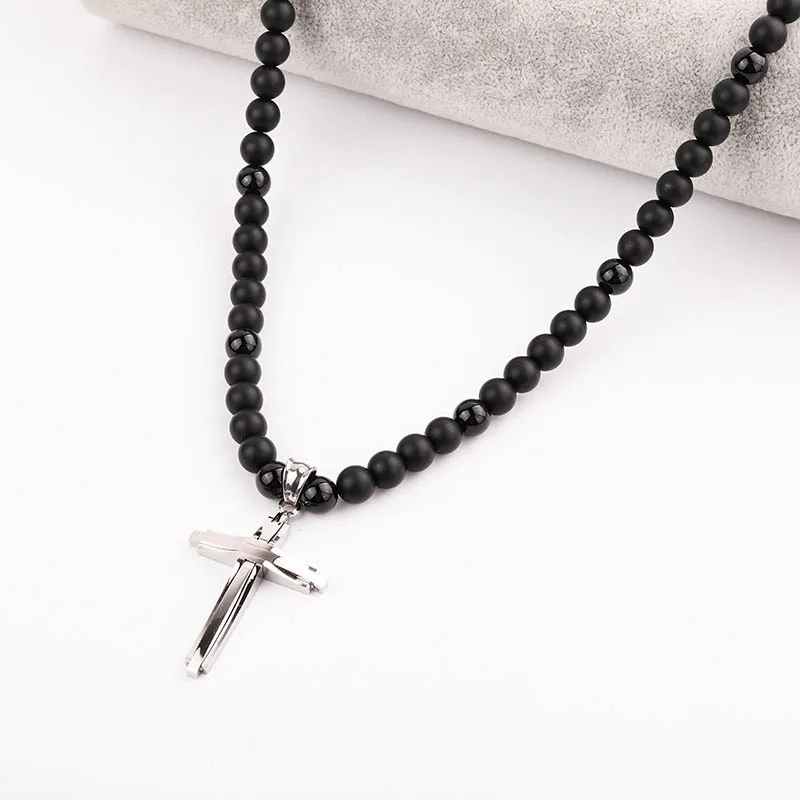 GAVU Collana Croce da Uomo, Collana a Y Rosario da Uomo di Perline di Onice Opaco e Ematite con Ciondolo Croce di Acciaio Inox