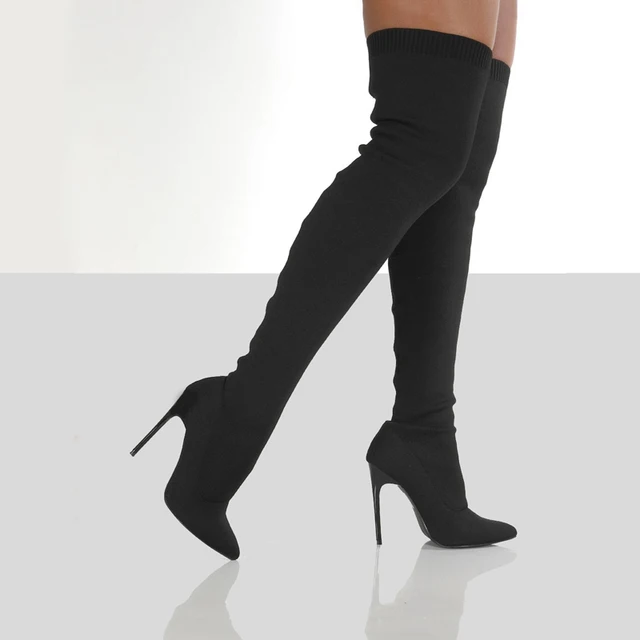 fashion winter ladies sexy high heel ankle stretch knit upper elastic fabric long over the knee women thigh high sock boots