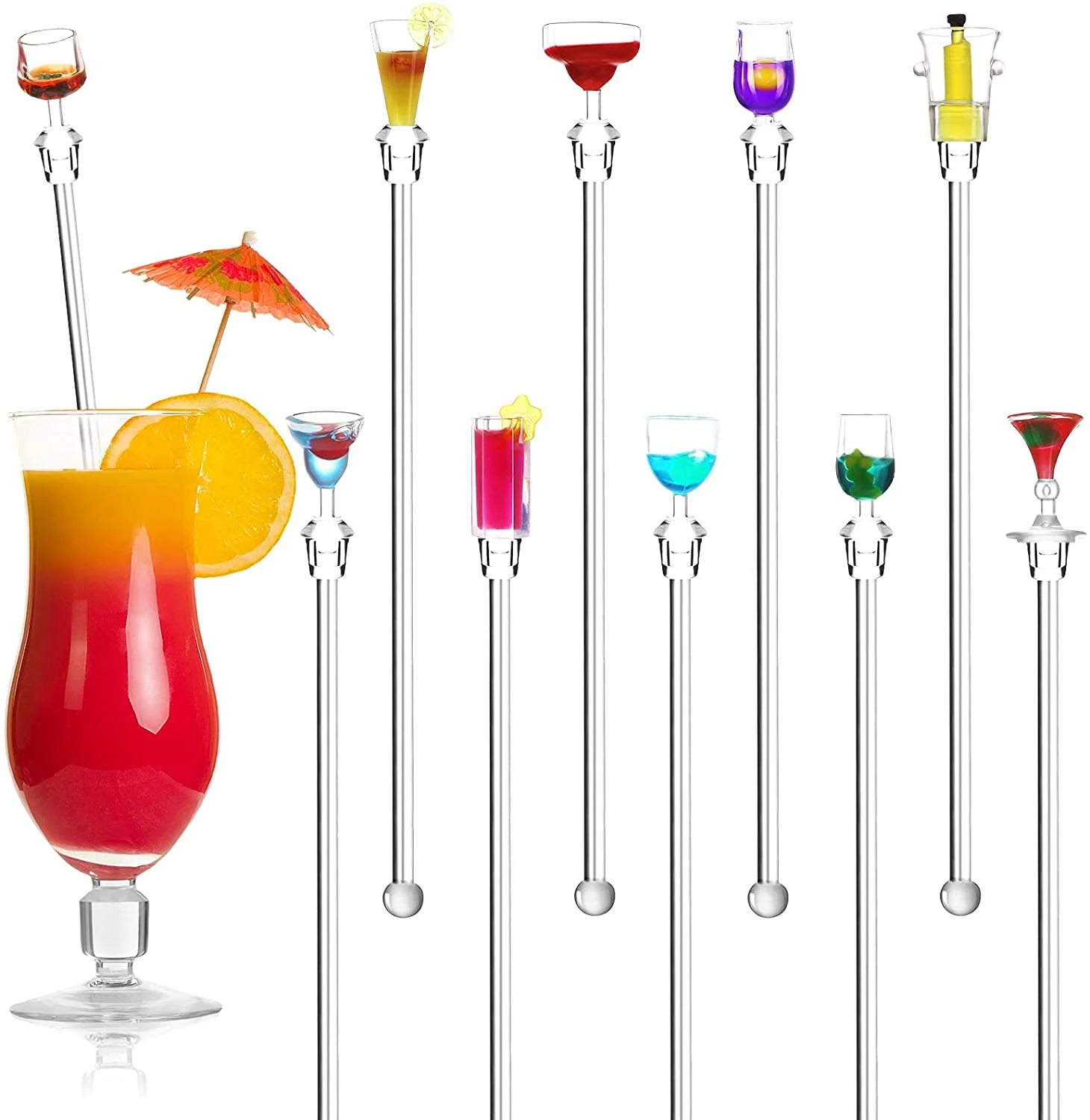 10 Pcs Colorful Sturdy Cocktail Stirrer Swizzle Sticks Transparent Acrylic 23cm/9inch for Cocktail Fruit Juice