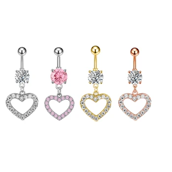 10Pcs/Set Stainless Steel Four-Claw Hollow Heart-Shaped Belly Piercing Rings Multicolor Shiny Zircon Inlay Indian Belly Rings