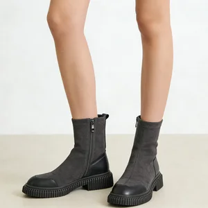 Women's Gray Suede & Leather Ankle Boots-ZIP Closure Ribbed Sole Block Heel Two-Tone Comfort Fashion 2026 Autumn