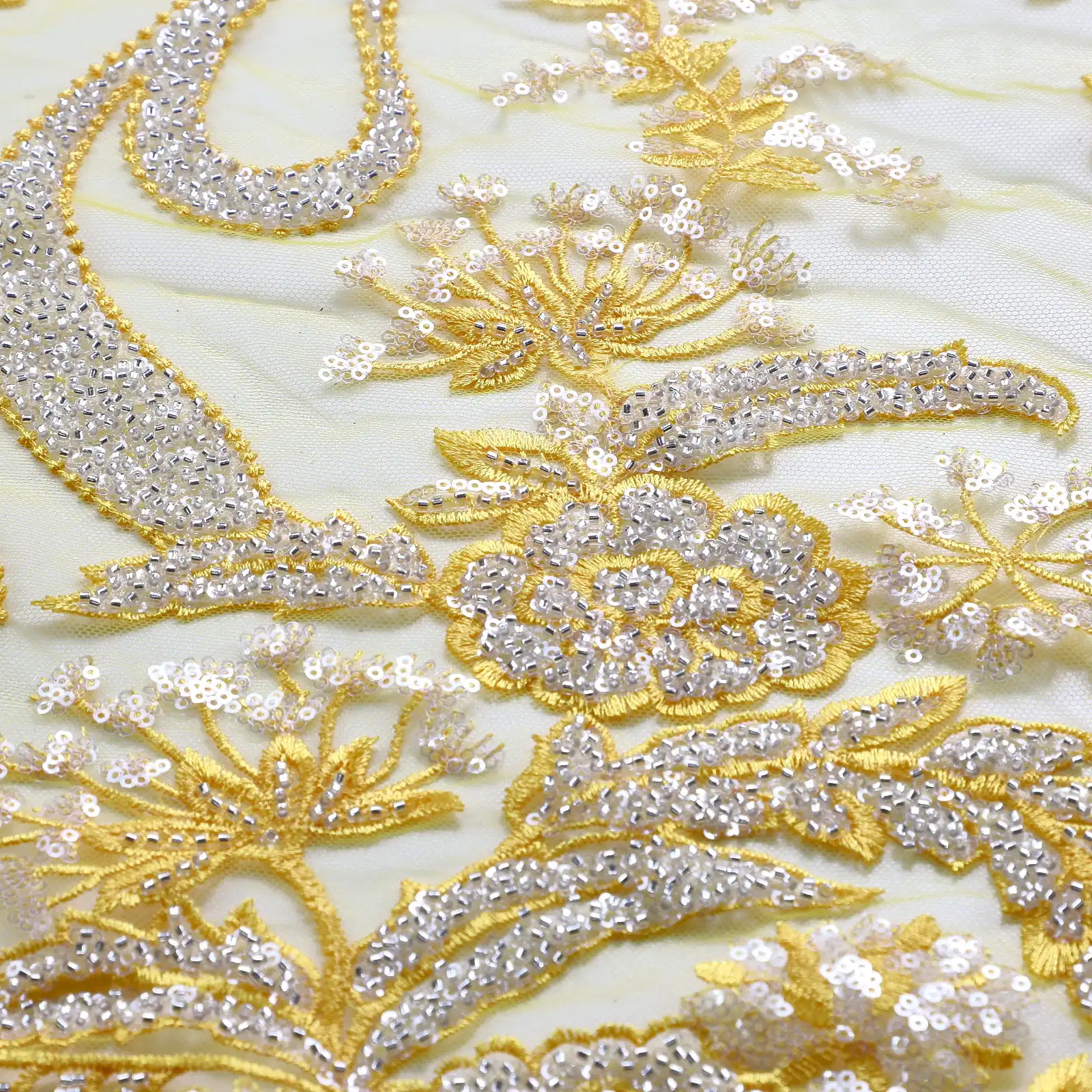 Supoo  Yellow Bridal Beads Lace Net Fabrics With Shiny Sequins for European Style Dress