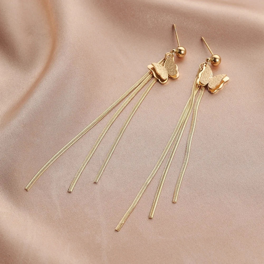 Fashion Jewelry Gold Plated Stainless Steel Butterfly Earring Long Tassel Post Earrings For