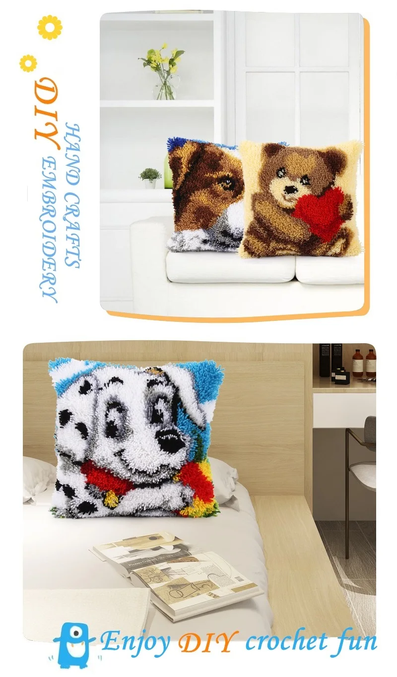 Latch Hook Pillow Kits Pillow Cover Pattern Colorful Shih Tzu Printed Canvas Knitted Hooking Pillowcase Cushion Zipper Crafts Crochet Home Decor Kits