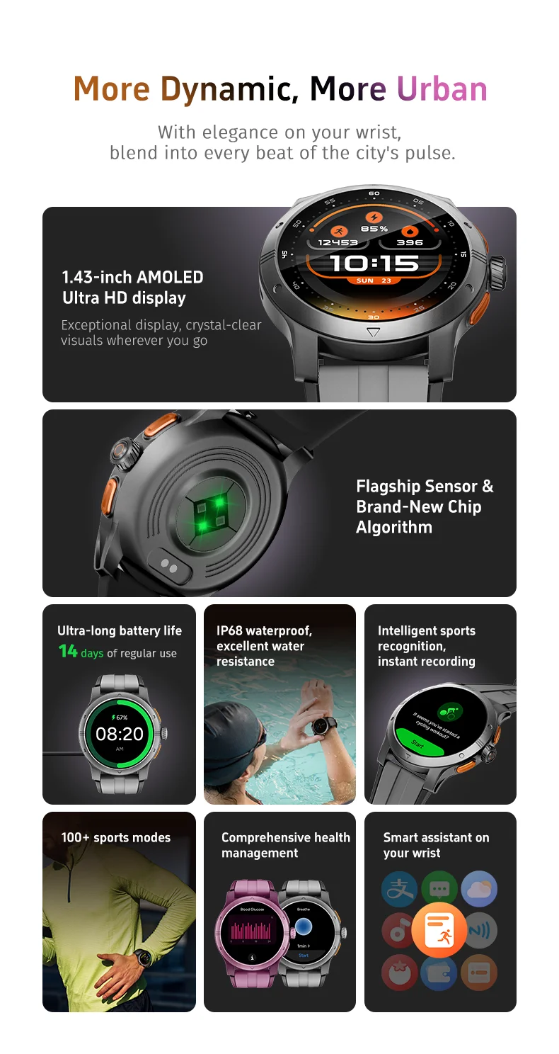 GTR5 AI Smart Watch Android OS AMOLED Screen 24-Hour Sleep Heart Rate Monitoring Exercise Analysis IP68 Silicone Alarm Clock