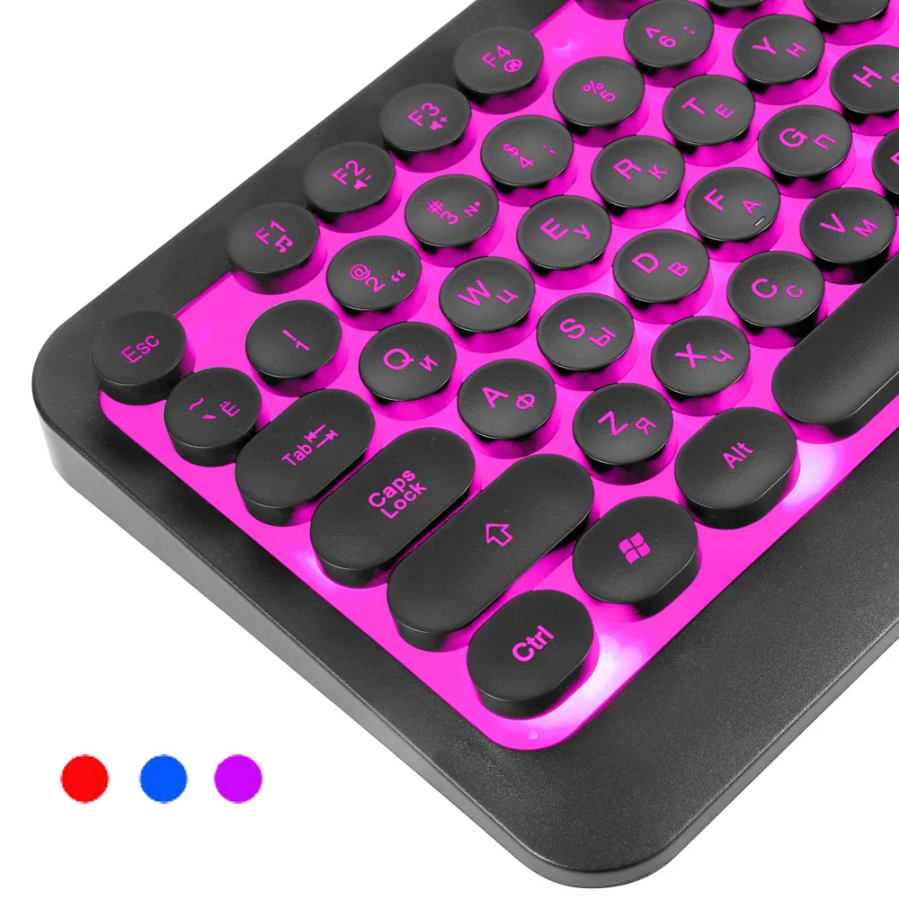 Retro Round Keycap Backlit USB Wired Russian English Gaming Keyboard