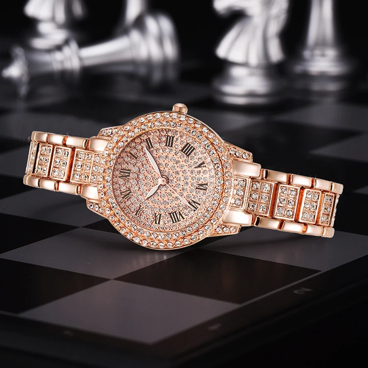 Shiny Rose Gold Analog Wrist Watch For Women Ladies Smart Watch