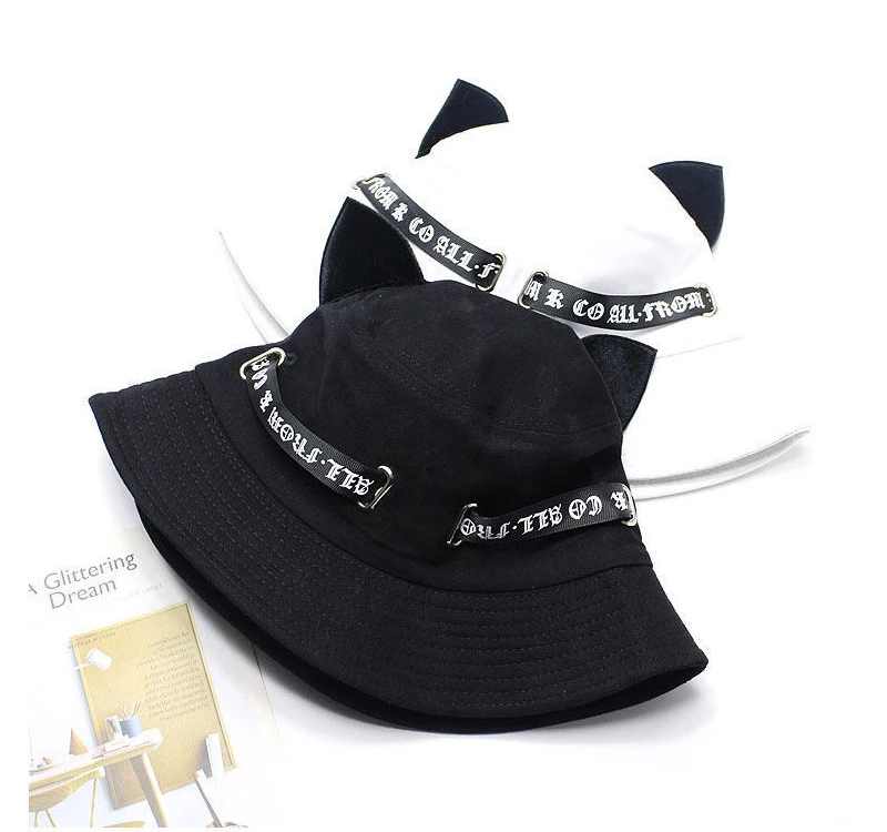 Korean Fashion Alphabet Long Silk Ribbon Sunscreen Bucket Hats with Cat Ears Foldable Cotton Fisherman Cap
