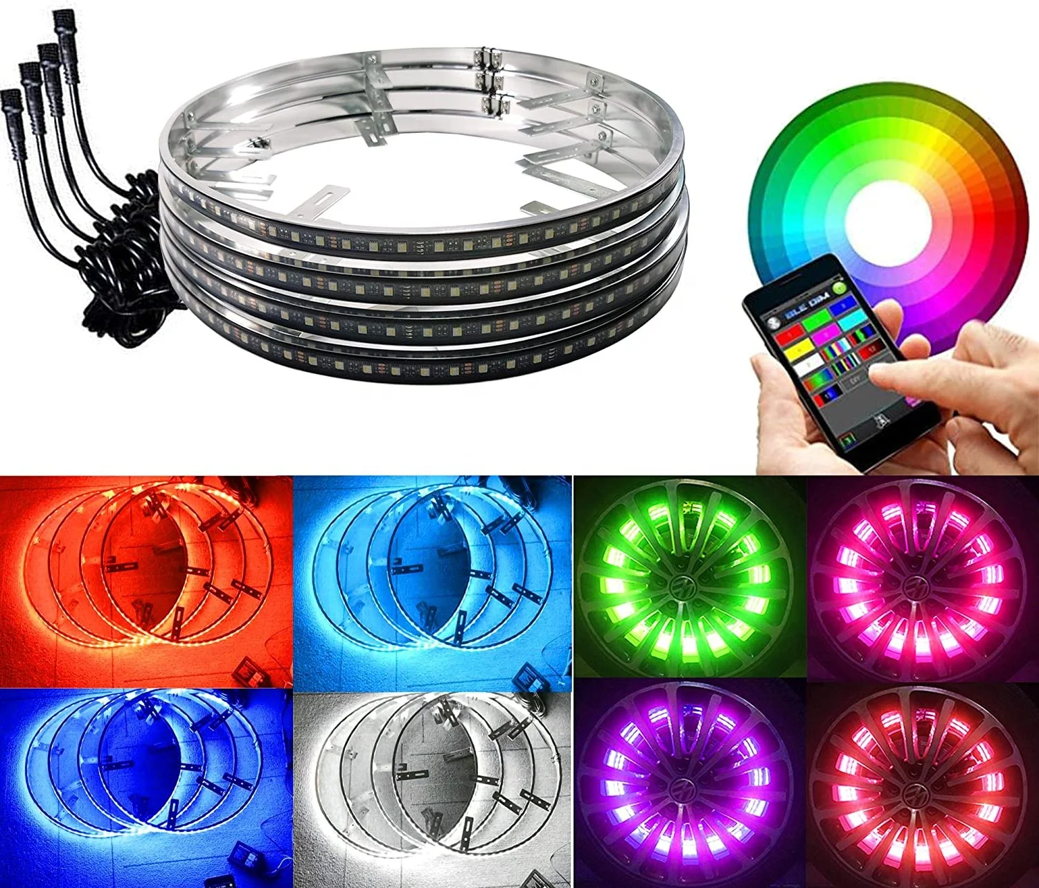 15.5 inch RGBW car tire wheel light,288 LED RGB Colors led wheels lights,Super bright white and rgb color wheel lights