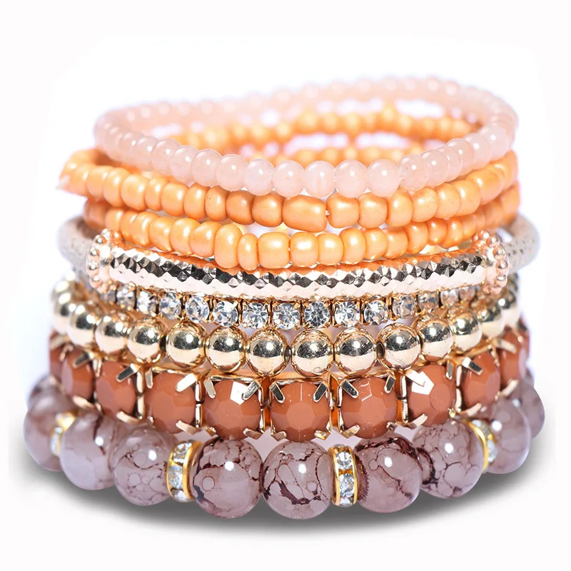Wholesale Bohemian Fashion Charm Stack Bracelets Set Colorful Natural Stone Boho Ethnic Rice Beaded Jewelry Bracelet Gift Sets