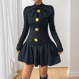 2025 New Women's Clothing Butterfly Knot Button Decor High Neck Long Sleeve Autumn Dress, Versatile Women's Apparel