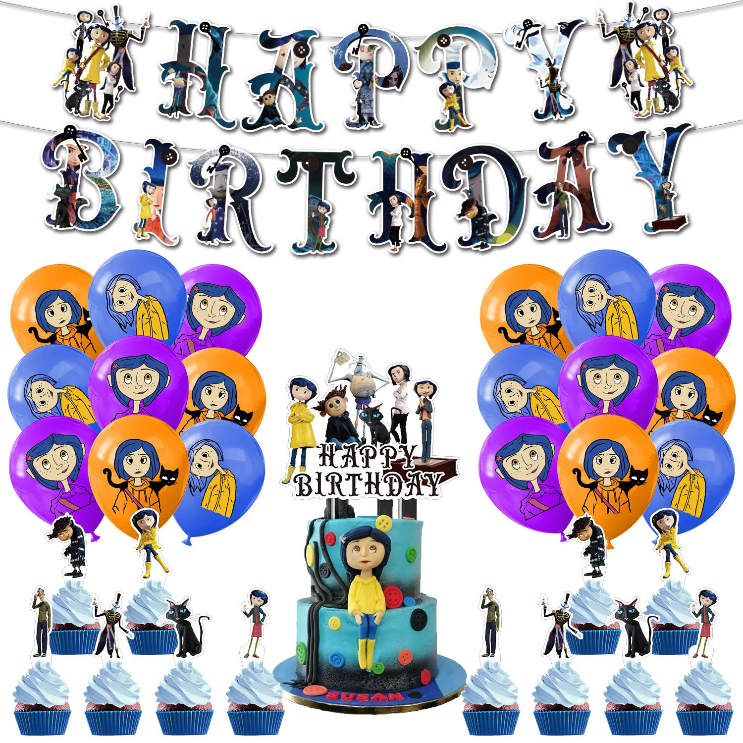 Coraline Happy Birthday Party Decorations Cake Topper Banner Balloons Set