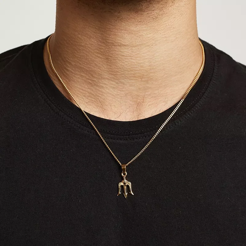 Collana Uomo Con Ciondolo Tridente Del Re Marino, In Acciaio Inox Nero, Stile Hip Hop, Con Zirconi