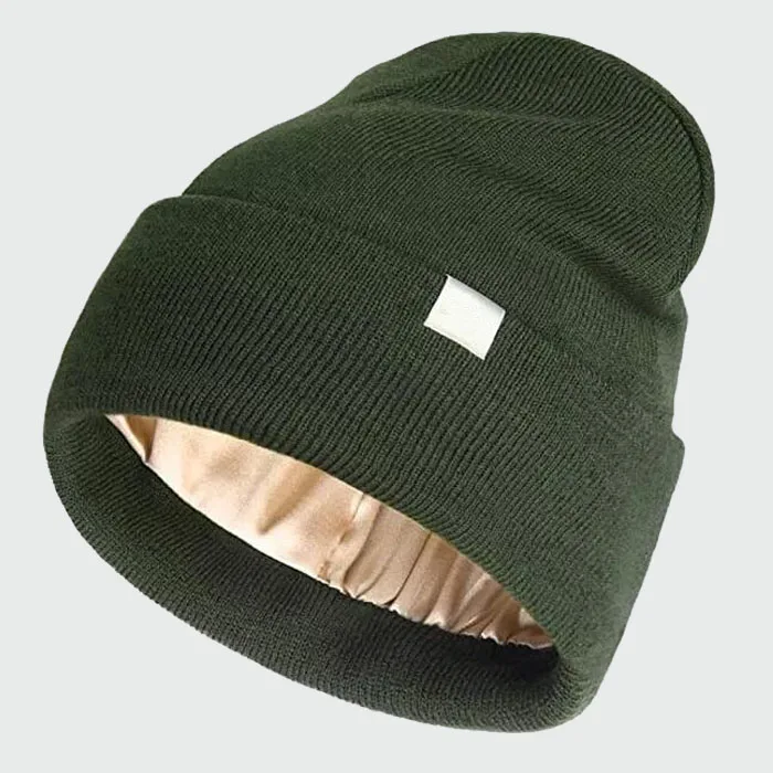 Custom Logo Cotton Knit Beanie With Satin Lined Beanie Silk Inside With ...