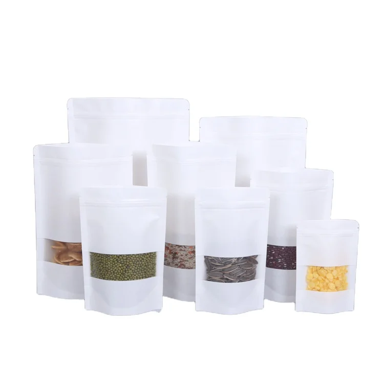In Stock  White Kraft Paper Resealable Zip Lock Packaging Bag Pouch With Window