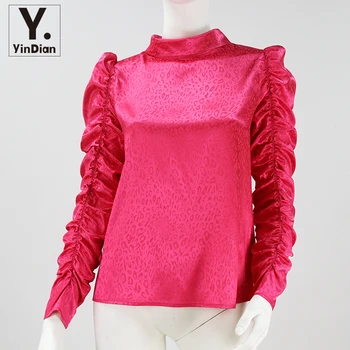 Pleated Puff Sleeve Tops Stand Collar Loose Tops Women Long Sleeve Yindian Rose Red Blouses & Tops Shirt / Blouse Casual Satin