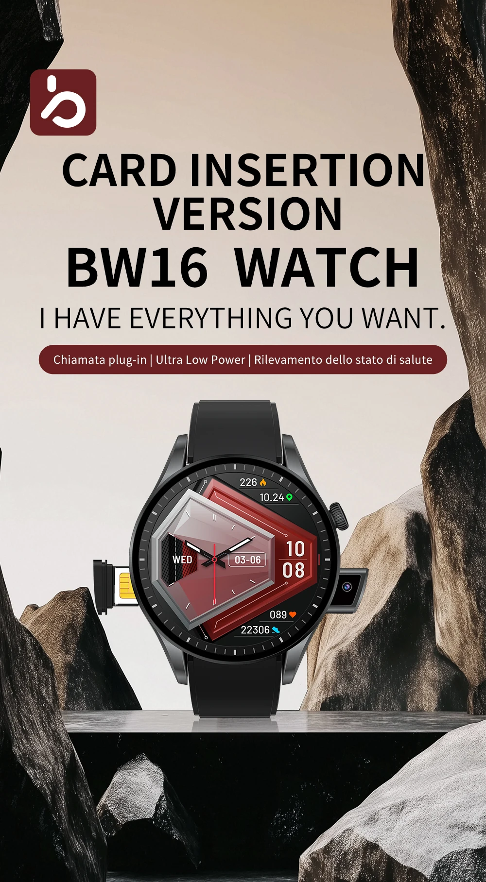 BW16 Smartwatch avec fente SIM 24H surveillance de la santé Modes multisports caméra rétractable BT appel télécommande traqueur de sommeil