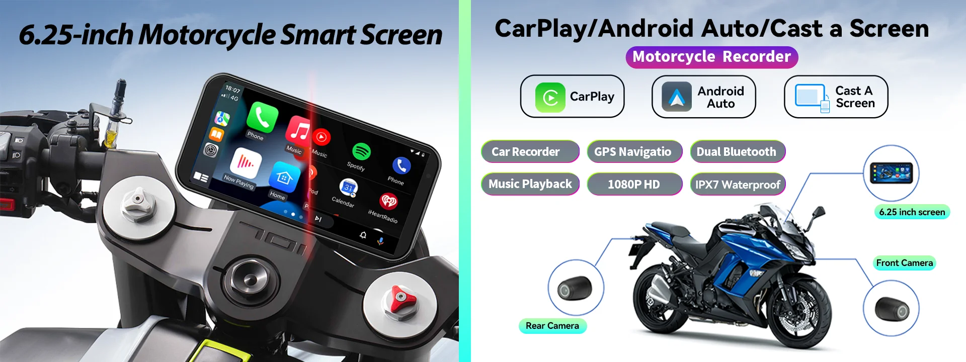 Universal Wireless IPX7 Motorcycle Carplay Screen with Cameras