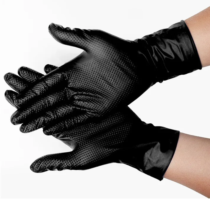 8 Mil Thick Heavy Work Auto Repair Hot Sale Disposable Black Diamond Nitrile Gloves Grip Oil Resistant