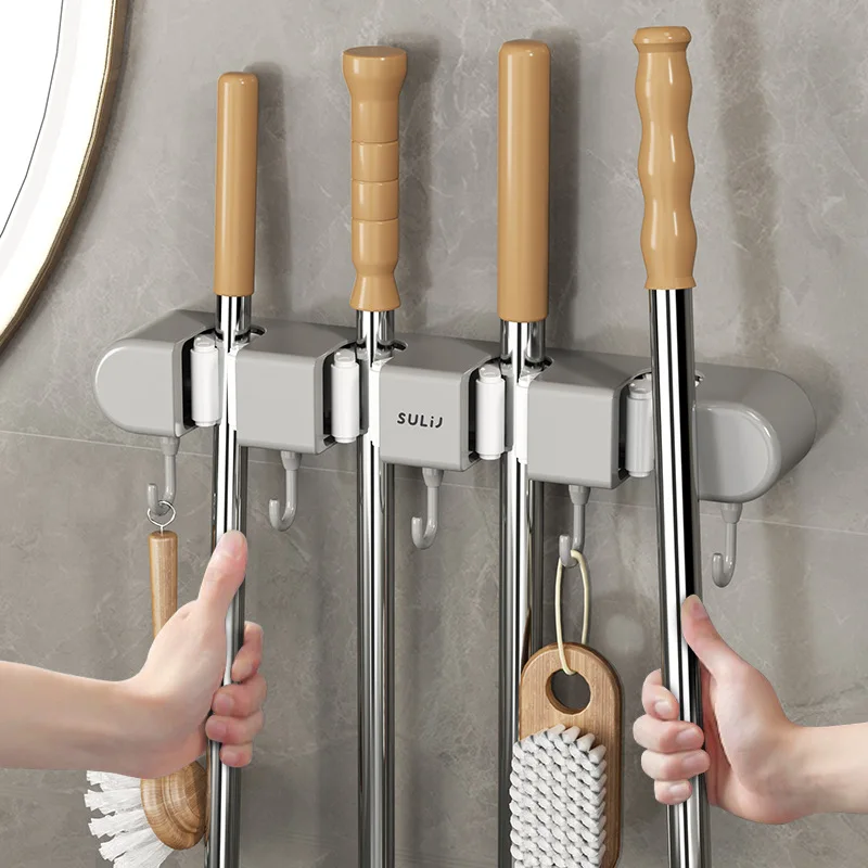 Row of mops clamp bracket punch-free wall hanging bathroom mop storage rack Strong fixed clip broom clip