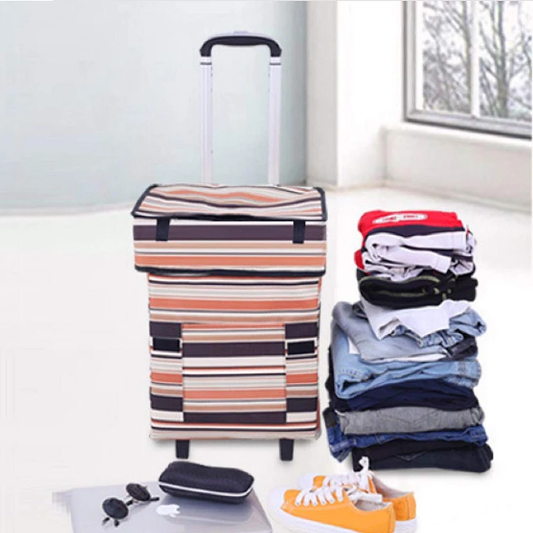 Collapsible & Telescoping Handle Waterproof Foldable Shopping Trolley Bag with Wheel Cartoon Pattern Carry-on for Vegetables