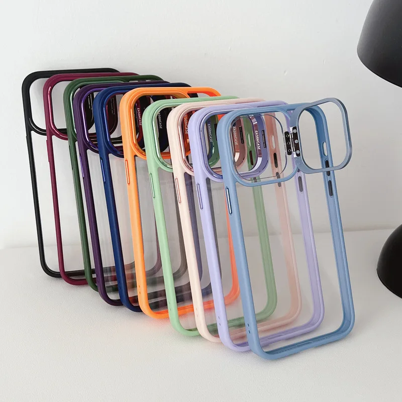Luxury Metal Invisible Camera Stand Phone Case Clear PC Back Case With Frame Lens Protector Bracket for iPhone 15 14 13 Pro Max