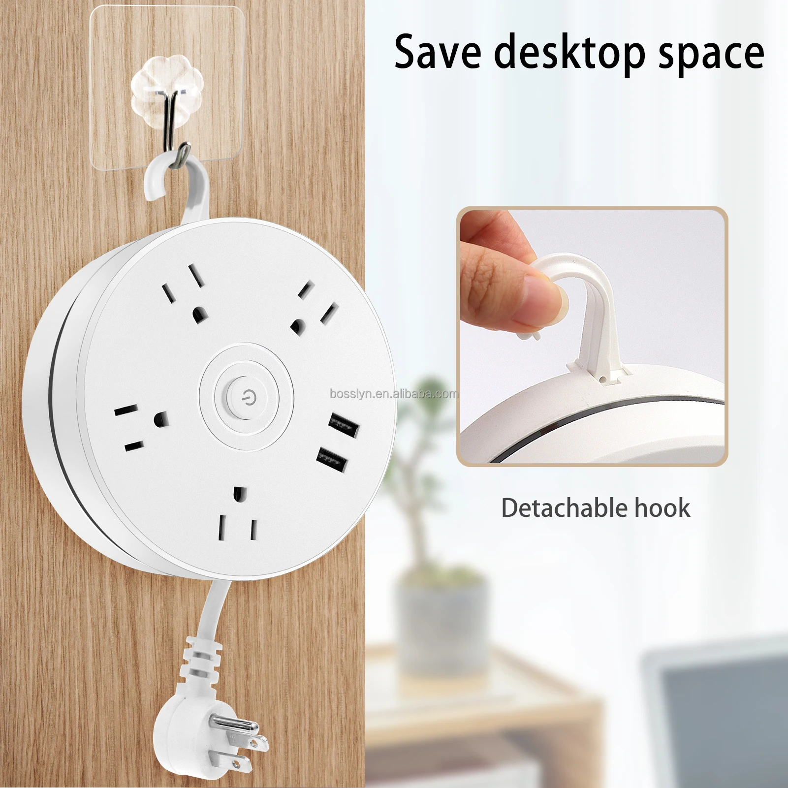 US Round Wall Charger 4 AC Outlets with 2 USB and Switch Wire Length 1.8 Meters Wall Socket Extender with USB DC 5V 2.0A Output