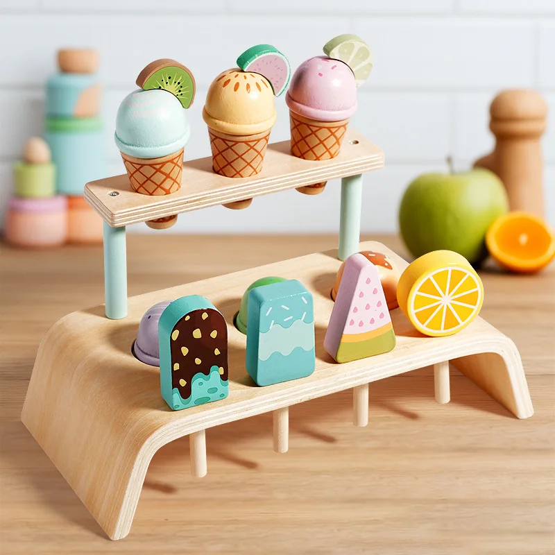 Skräddarsydda Montessori-leksaker i trä, leksaksgrannisglass på pinne, efterapningsspel med mat, kökstillbehör, trästånd för glass för barn