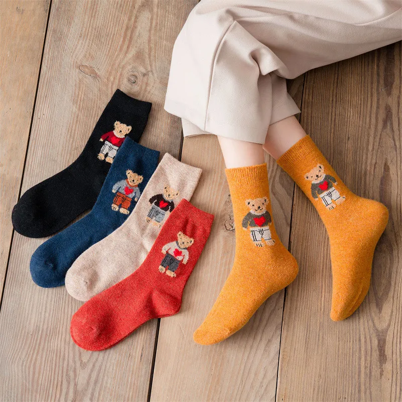 Wholesale Bulk Winter Cute Teddy Bear Cartoon Socks Women Comfy Warm Wool Crew Socks