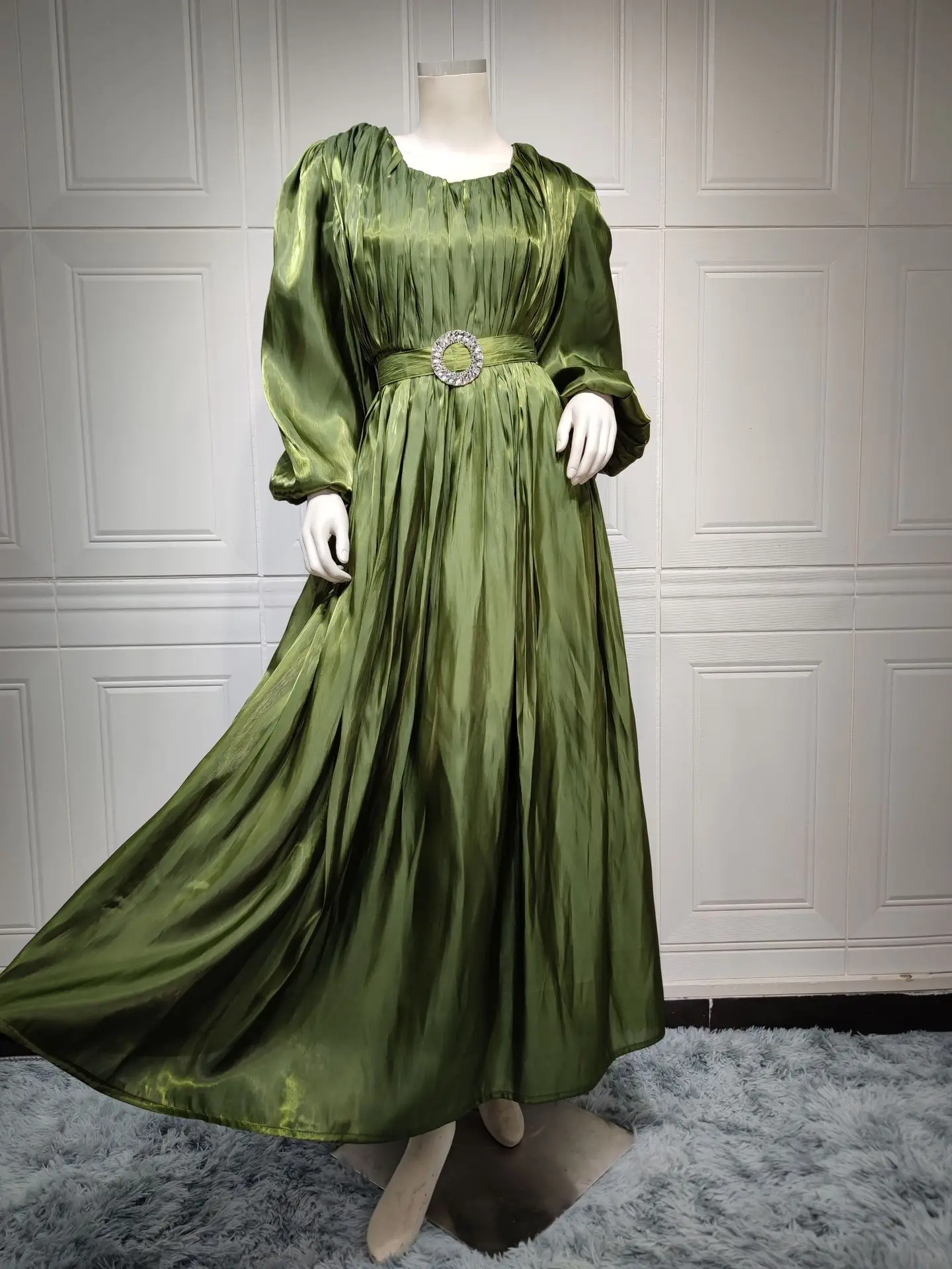 X30725 Shiny Silk Satin Dress With Metal Belt Dubai Trendy Long Sleeve Maxi  Party Dress for Muslim Women