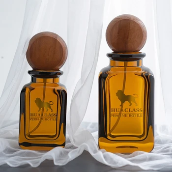 Empty Perfume Round Square Shape Spray Bottles Amber Color Luxury Perfume Glass Bottle 30ml 50ml 100ml With Wooden Cap