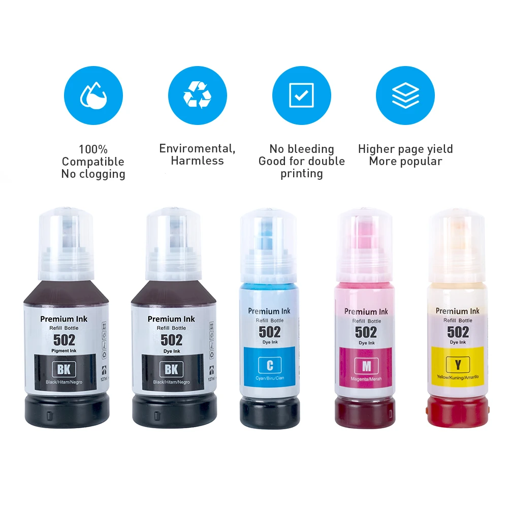 Ink Power T5021 T502 502 Premium Color Compatible Bulk Bottle Water Based Refill Ink For Epson 2988