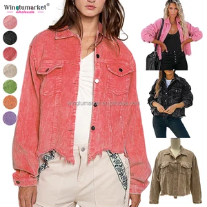 Wholesale Winter Jackets Woman Vintage Wash Cropped Raw Hem Long Sleeve Shacket Coat Corduroy Jacket for Women