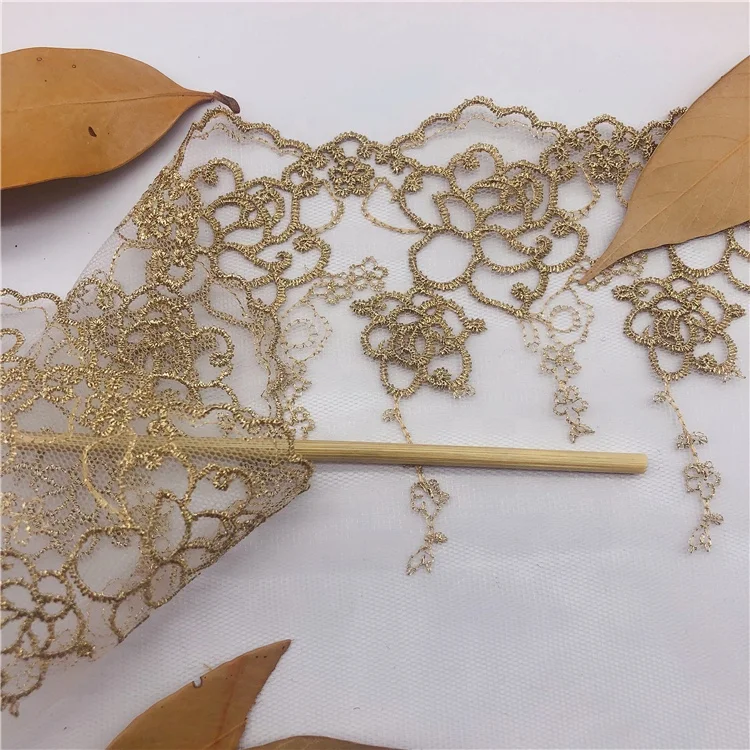 Golden Fancy Bridal Bordere Embroidery Organza Lace Trim Gauze Lace Net Roll Mesh Gold Lace Trim