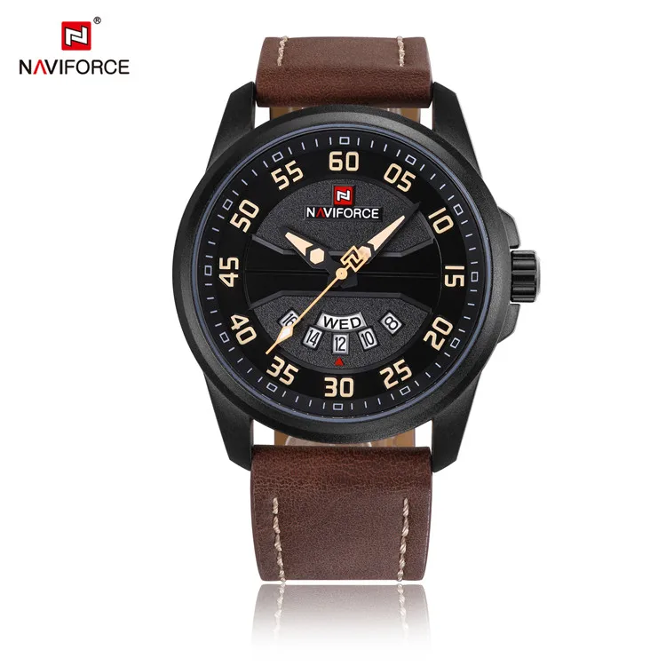 NAVIFORCE Men Watch Date Week Sport Mens Watches Luxury Business Genuine Leather Quartz Male Clock 9124