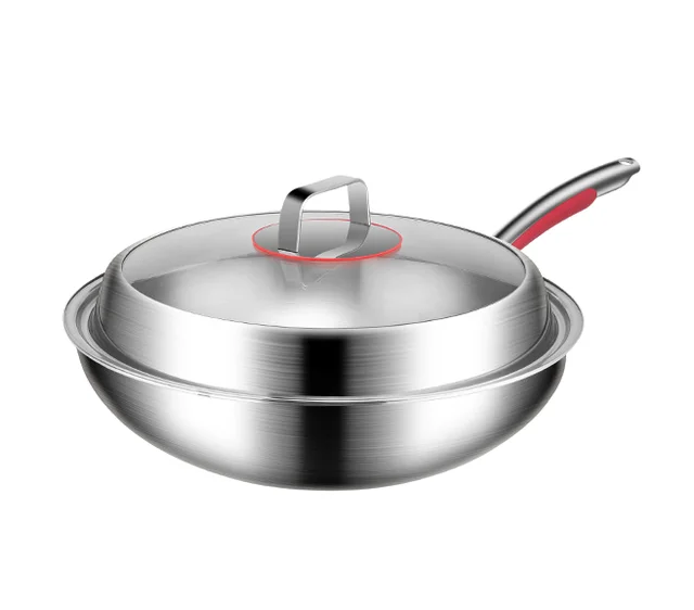 Commercial 304SS Stainless Steel Wok Pan Set Double Handle Easy Clean Nonstick for Steam/Fry Long Handle Restaurant Cookware