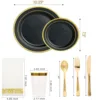 Grand gobelet de 10 oz à fond noir, 10 couteaux, fourchettes, cuillères, serviette dorée