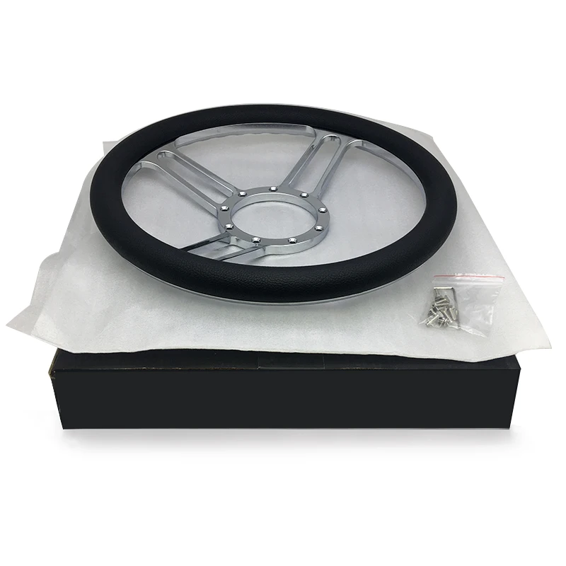 14" Billet Chrome Leather Half Wrapped 'slash' Style Car Steering