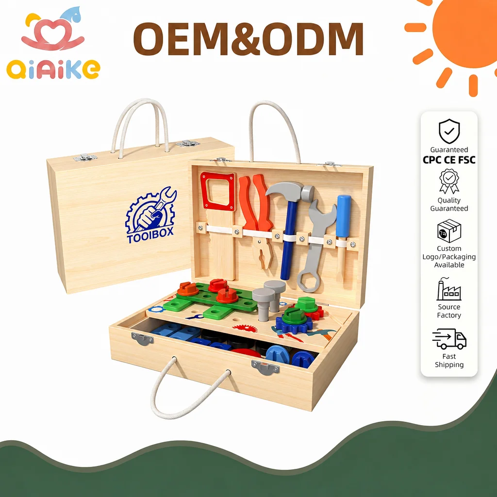 Kotak Perkakas Kayu untuk Balita, Set Mainan Pura-Pura Bermain Konstruksi dan DIY, Mainan Edukatif Montessori, Teka-Teki Kreatif dari Kayu