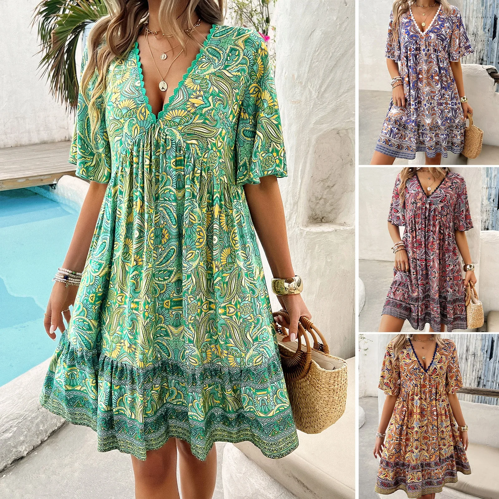B904 2024 Women's Casual V-Neck Dress Short-Sleeved Summer Dress with Loose Printed Chiffon Washable New for Ladies