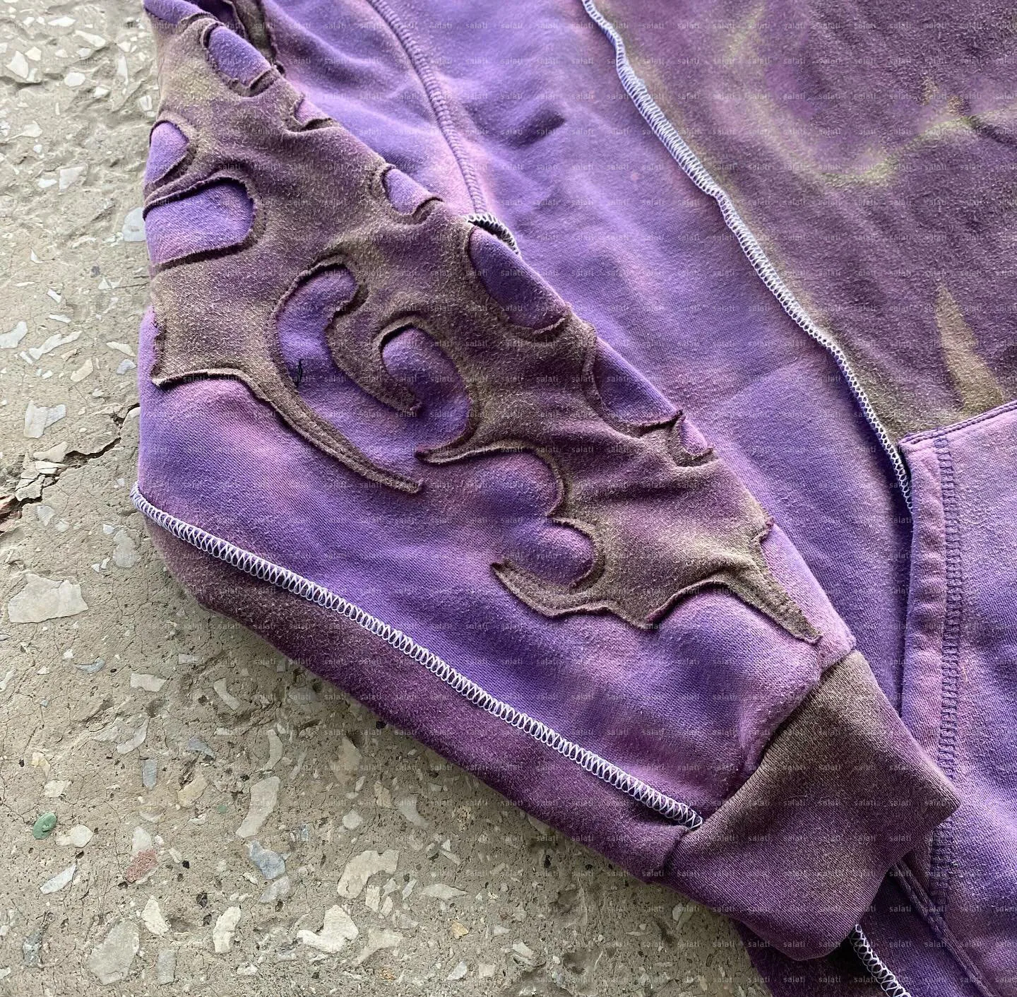 Custom Dirty Effect Sun Faded Contrast Stitch Cut and Sew Cotton French Terry Applique Patches Distressed Embroidered Hoodie Men gallery 4