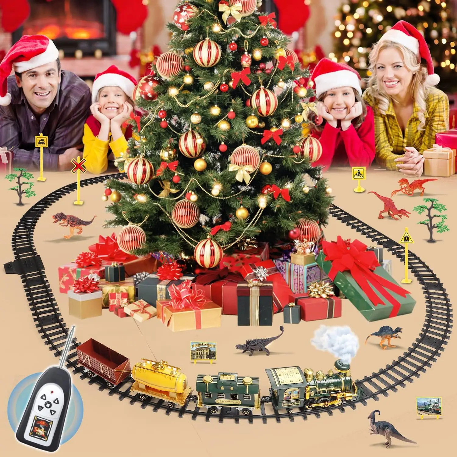 Large Train Set Remote Control Train Toys W/Dinosaurs Electric Train W/Lights & Sounds Steam Locomotive Christmas TOY Train