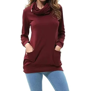 Women's Long Sleeve Scarf Collar Button Tunic Top Pullover Sweatshirt Loose Fit Comfy Relaxed Blouse Jersey Fabric Breathable