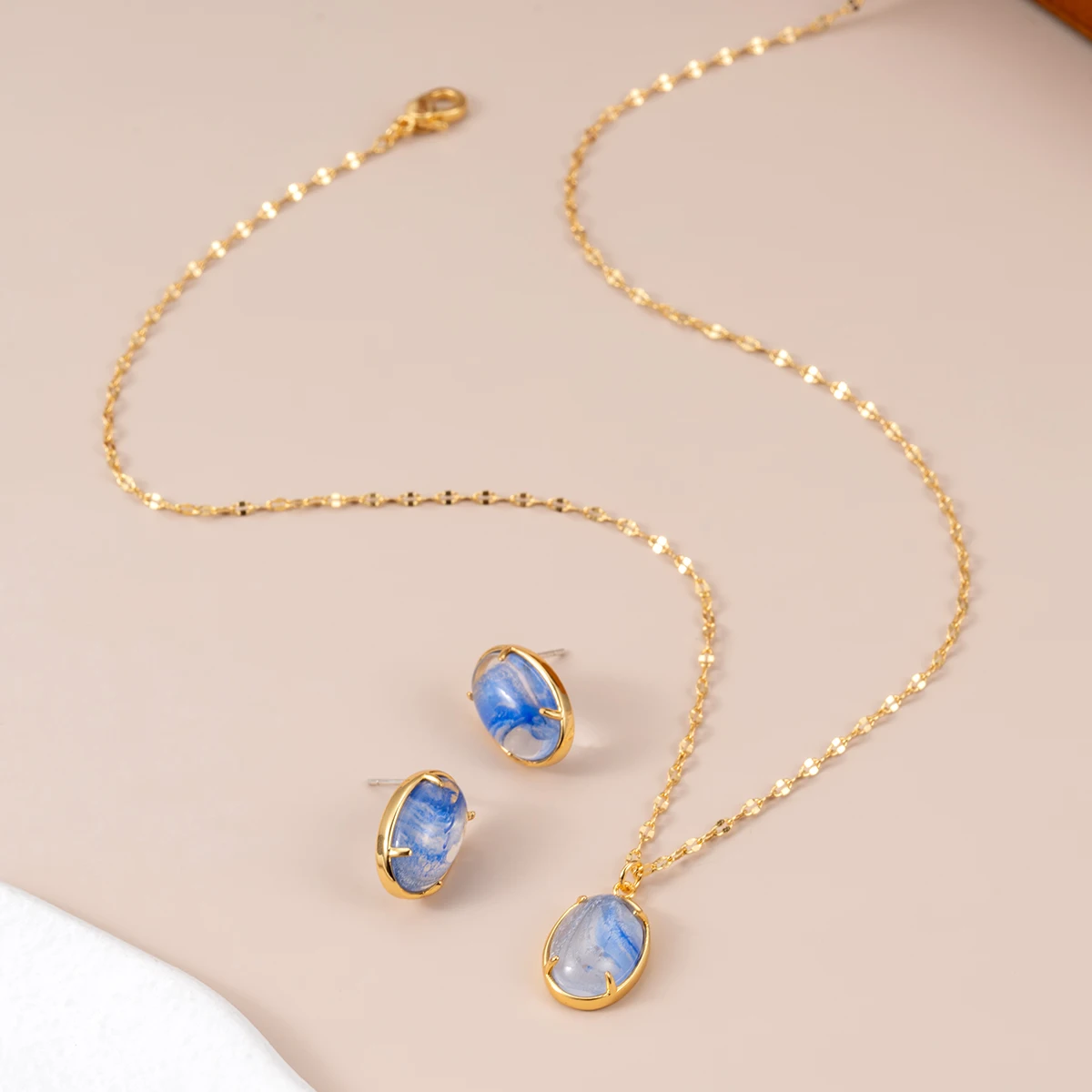 HQCMLA 2026 Women's Fashion Classic Brass Glass Pendant Necklace and Drop Earrings Set Silver Plated Shandong for Gift
