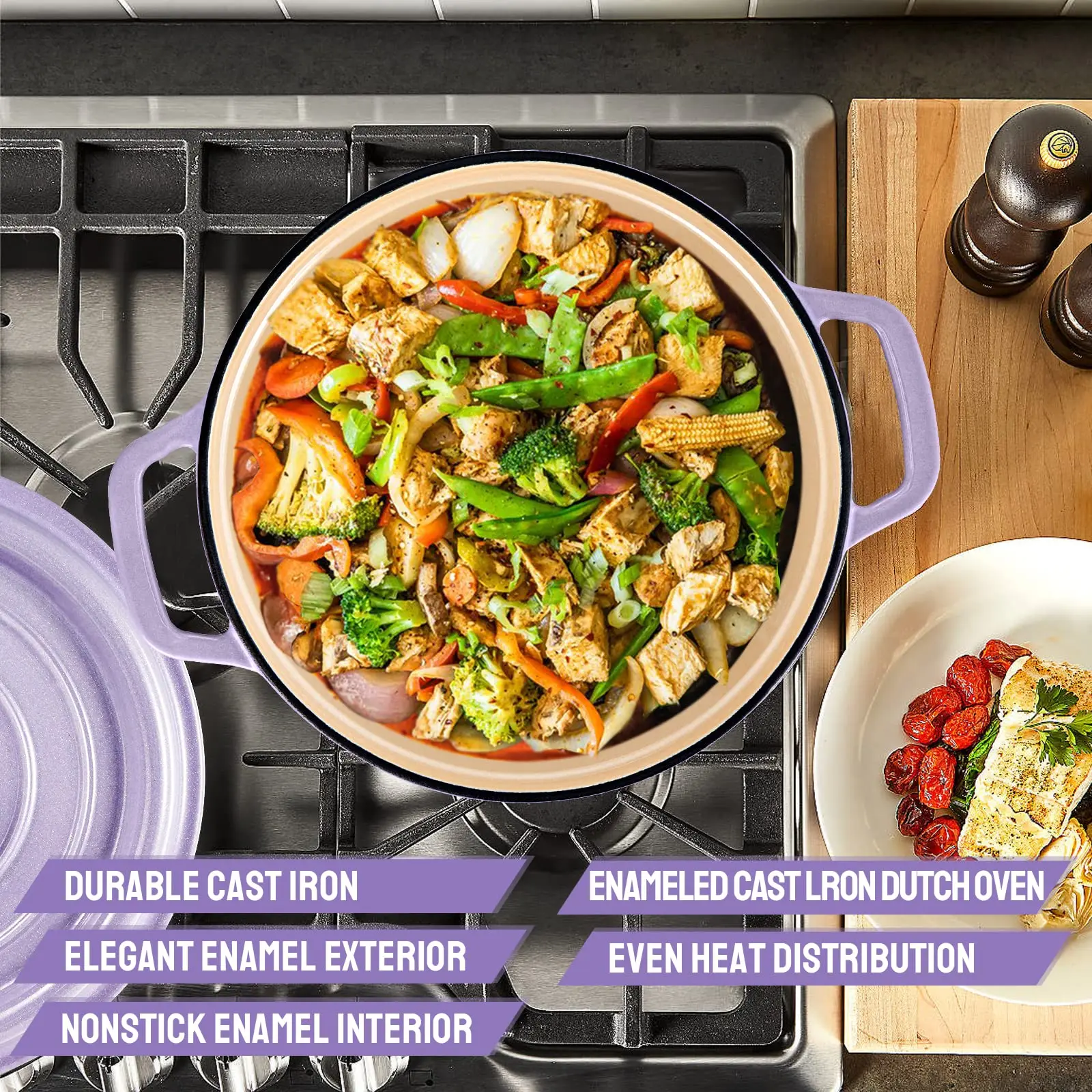 Голландская печь с крышкой эмалированная чугунная глубокая круглая антипригарным покрытием двойной